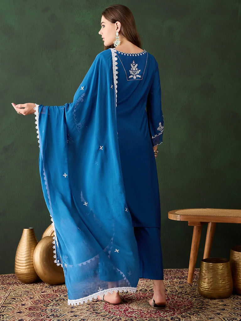 Fabulous Blue Chanderi Embroidered Kurta Trouser With Dupatta