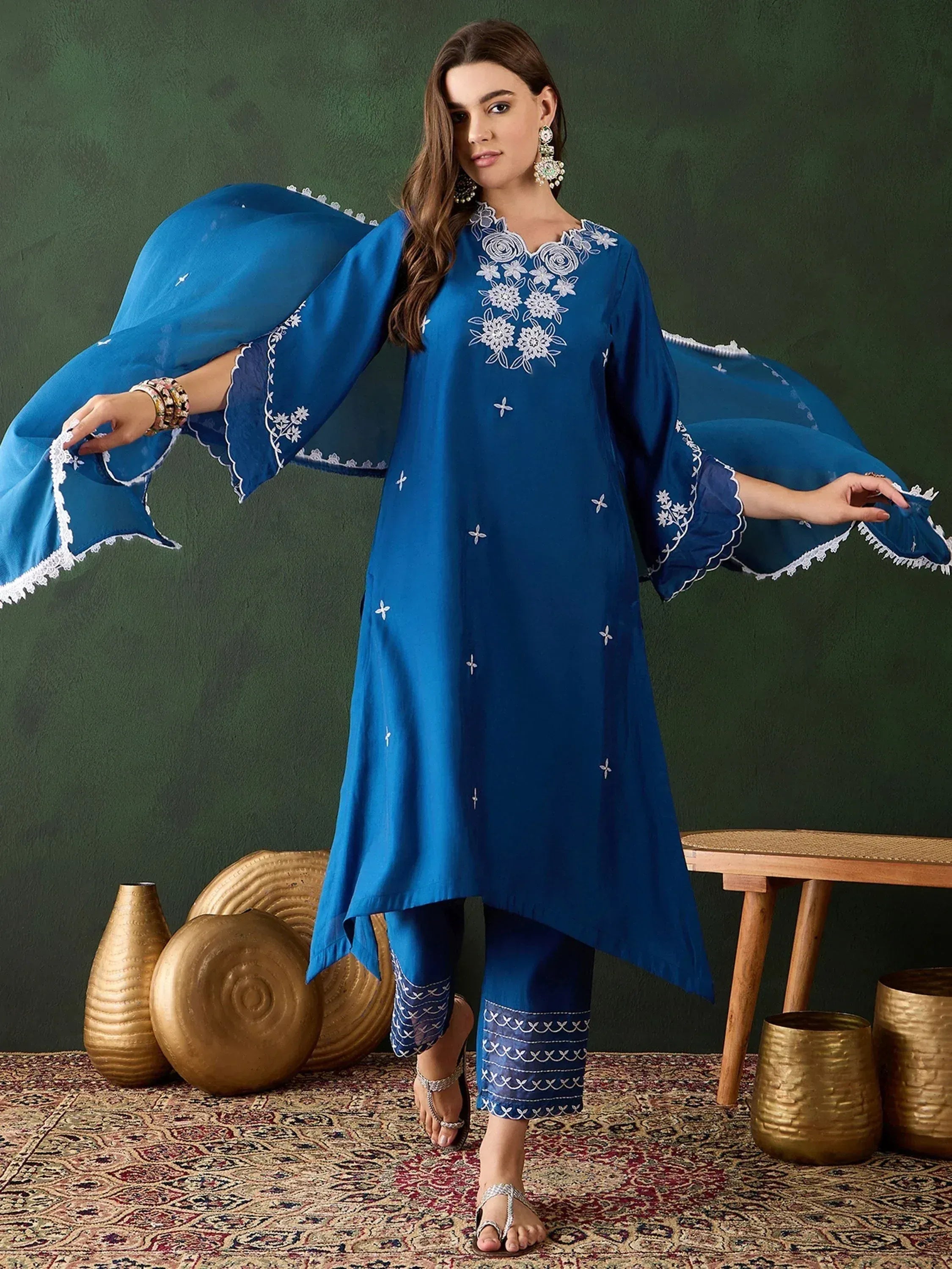 Blue embroidered kurta with flared sleeves and matching palazzo, Indian ethnic wear