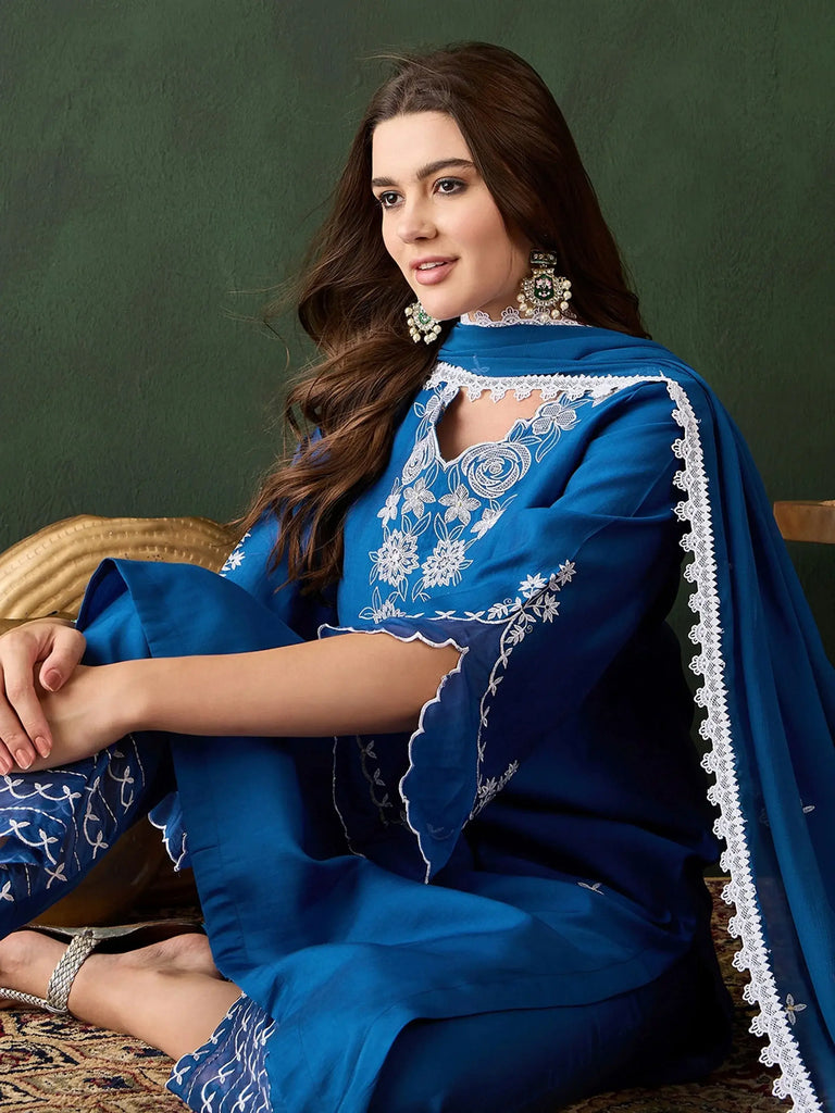 Fabulous Blue Chanderi Embroidered Kurta Trouser With Dupatta