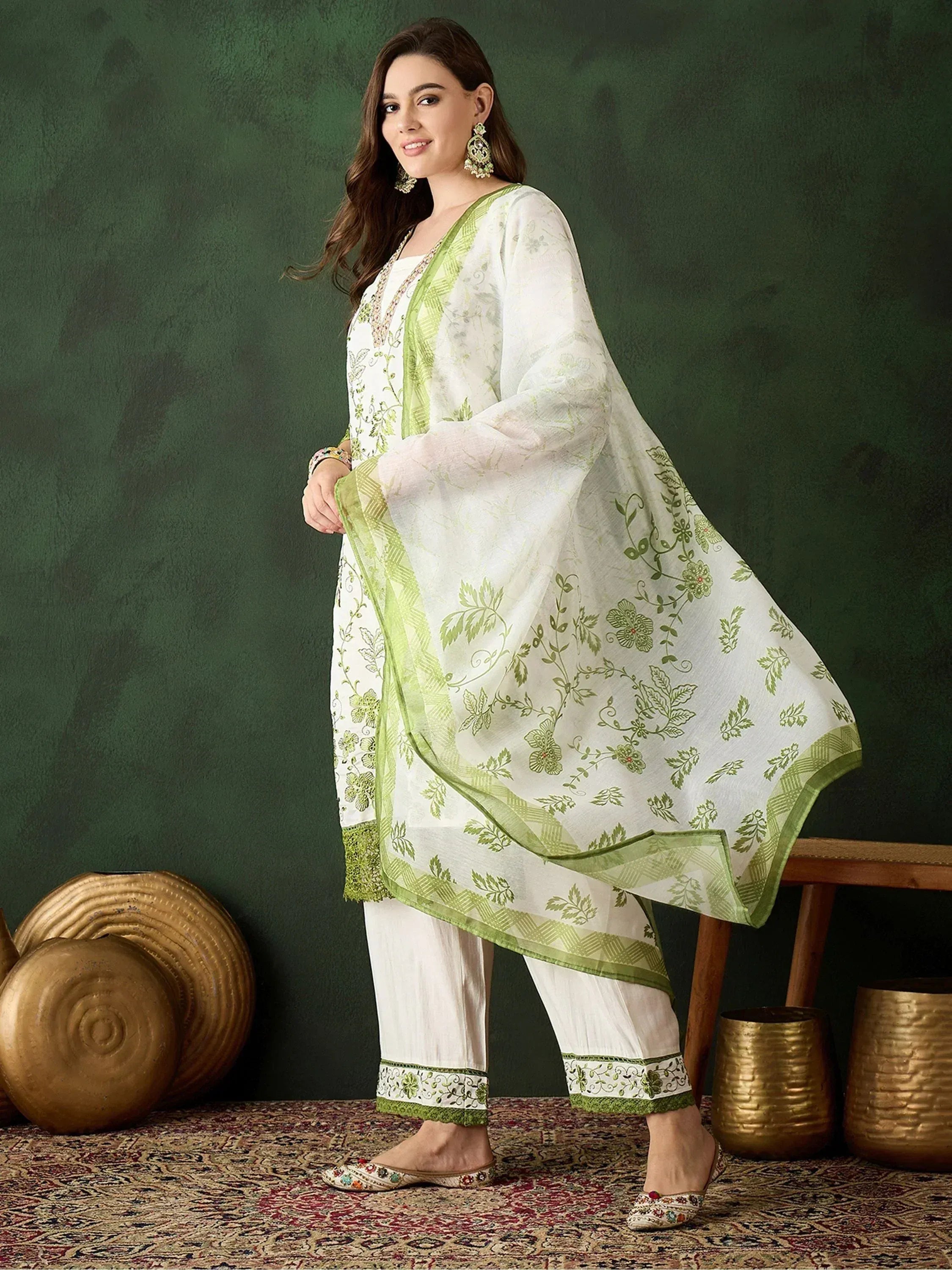 White and green floral embroidered salwar kameez with matching dupatta, ideal for ethnic wear occasions