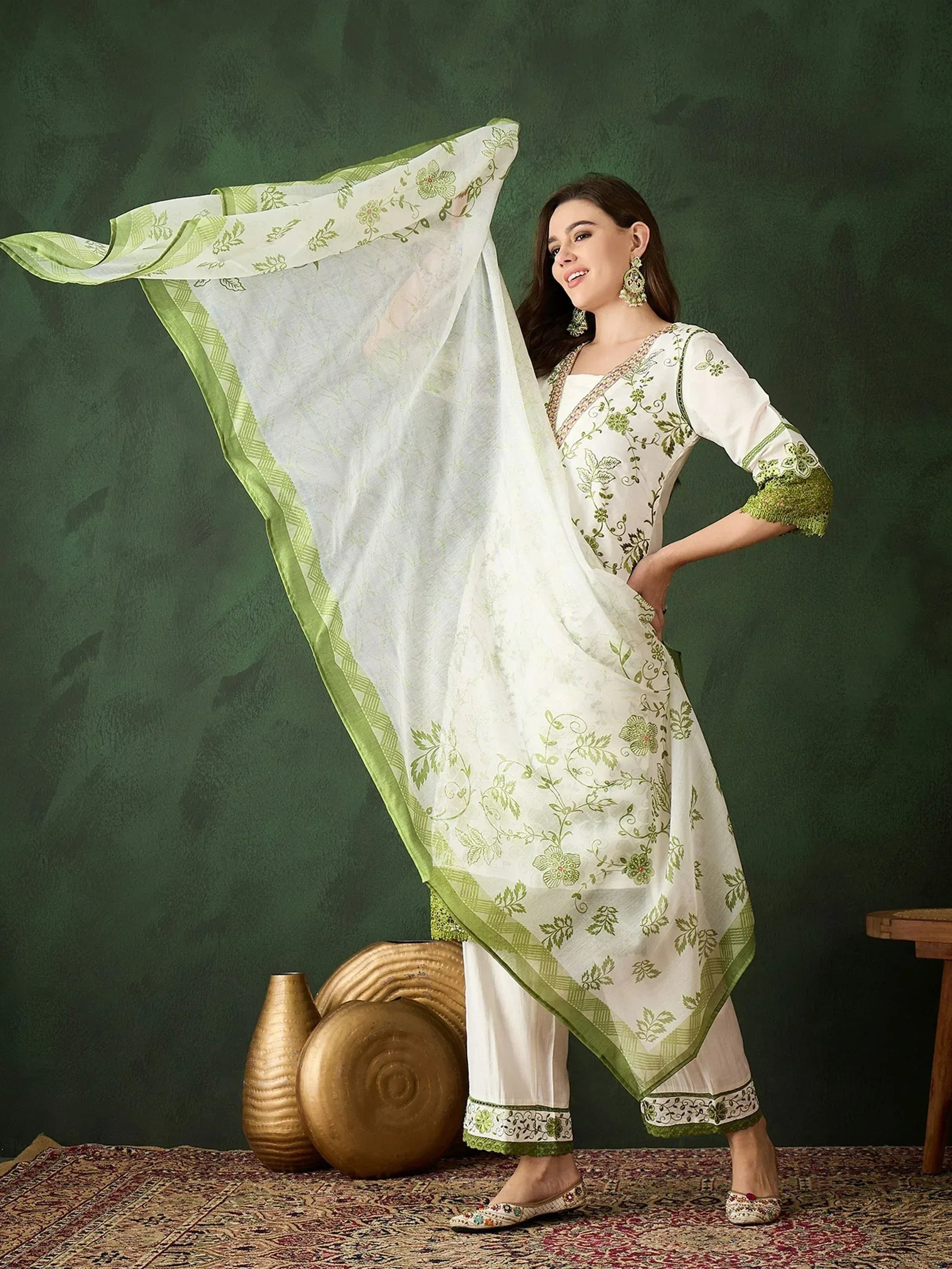 White and green embroidered salwar kameez with floral dupatta, ethnic Indian wear