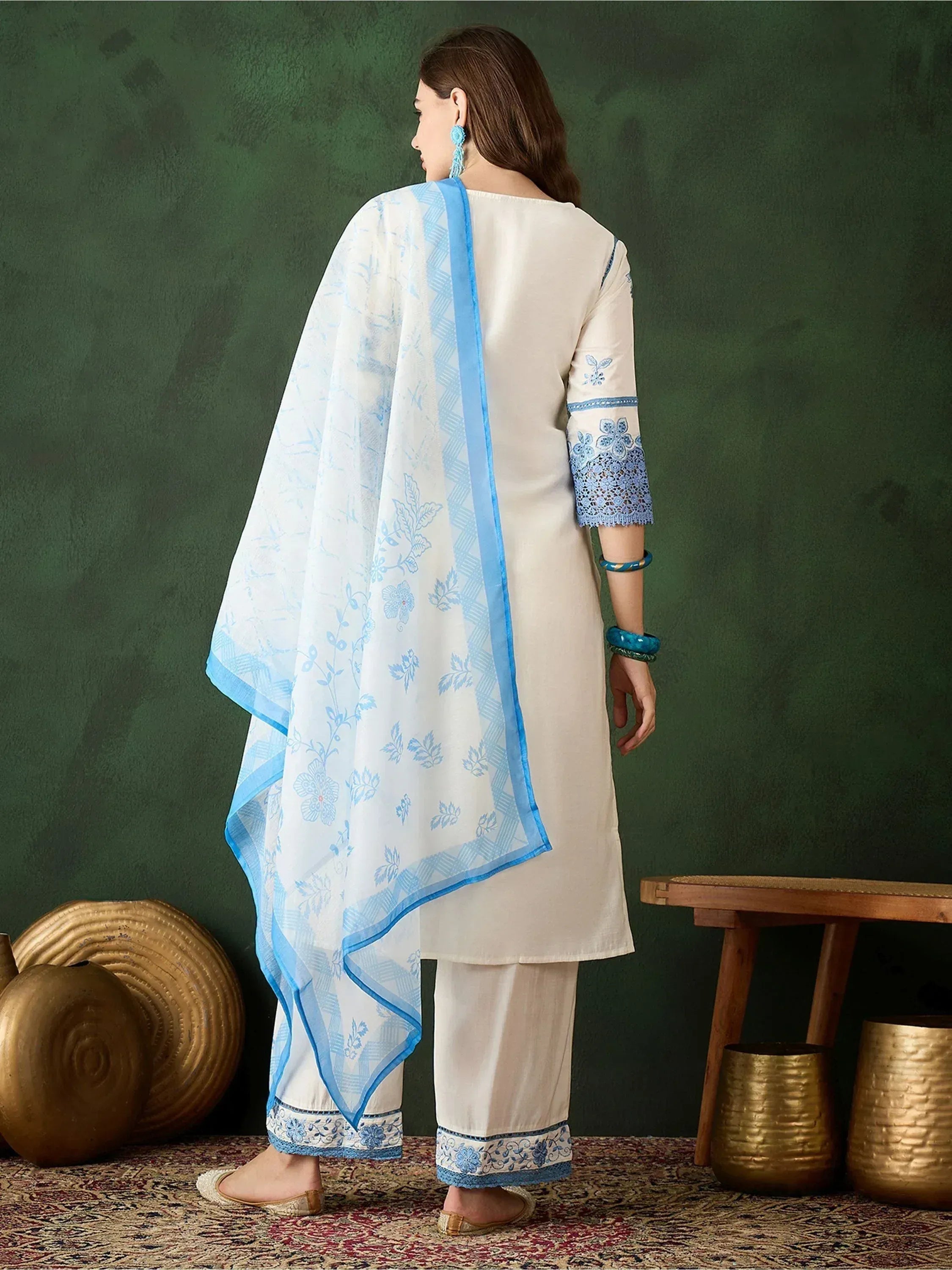 Cream salwar kameez with blue floral embroidery and matching dupatta, ethnic Indian wear