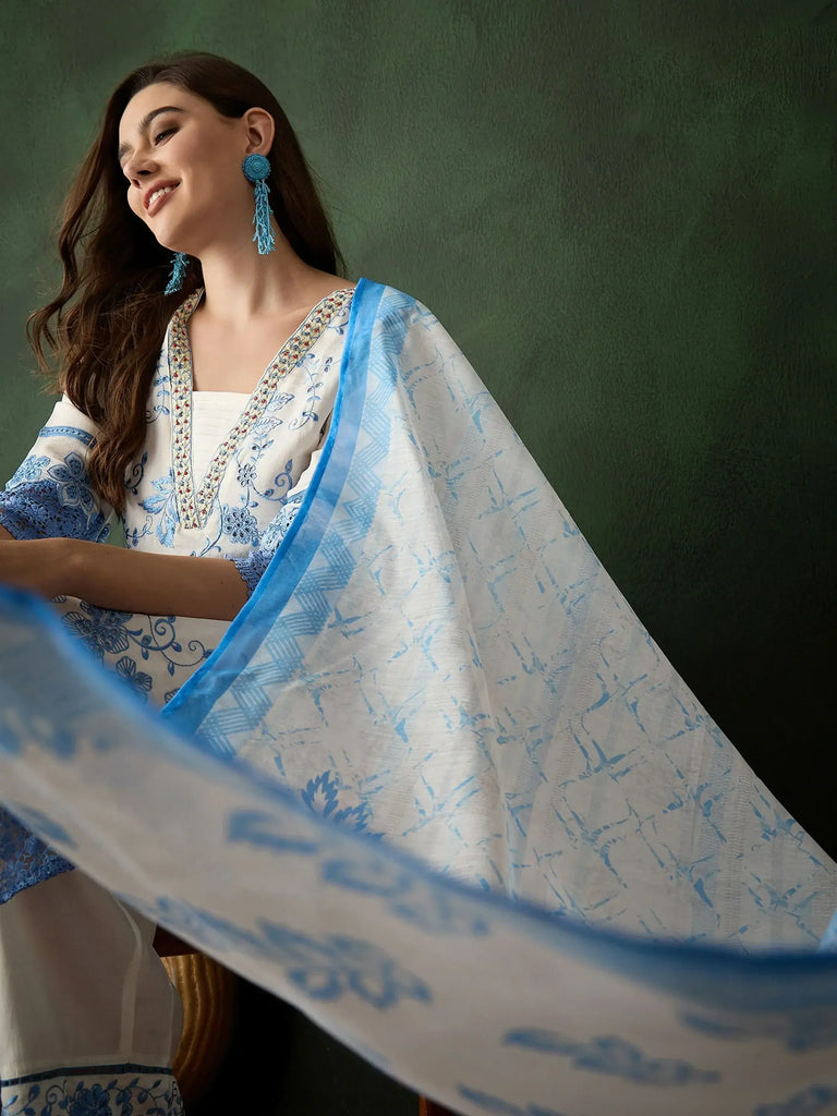 Captivating Blue Embroidered Silk Casual Wear Pant Suit With Dupatta