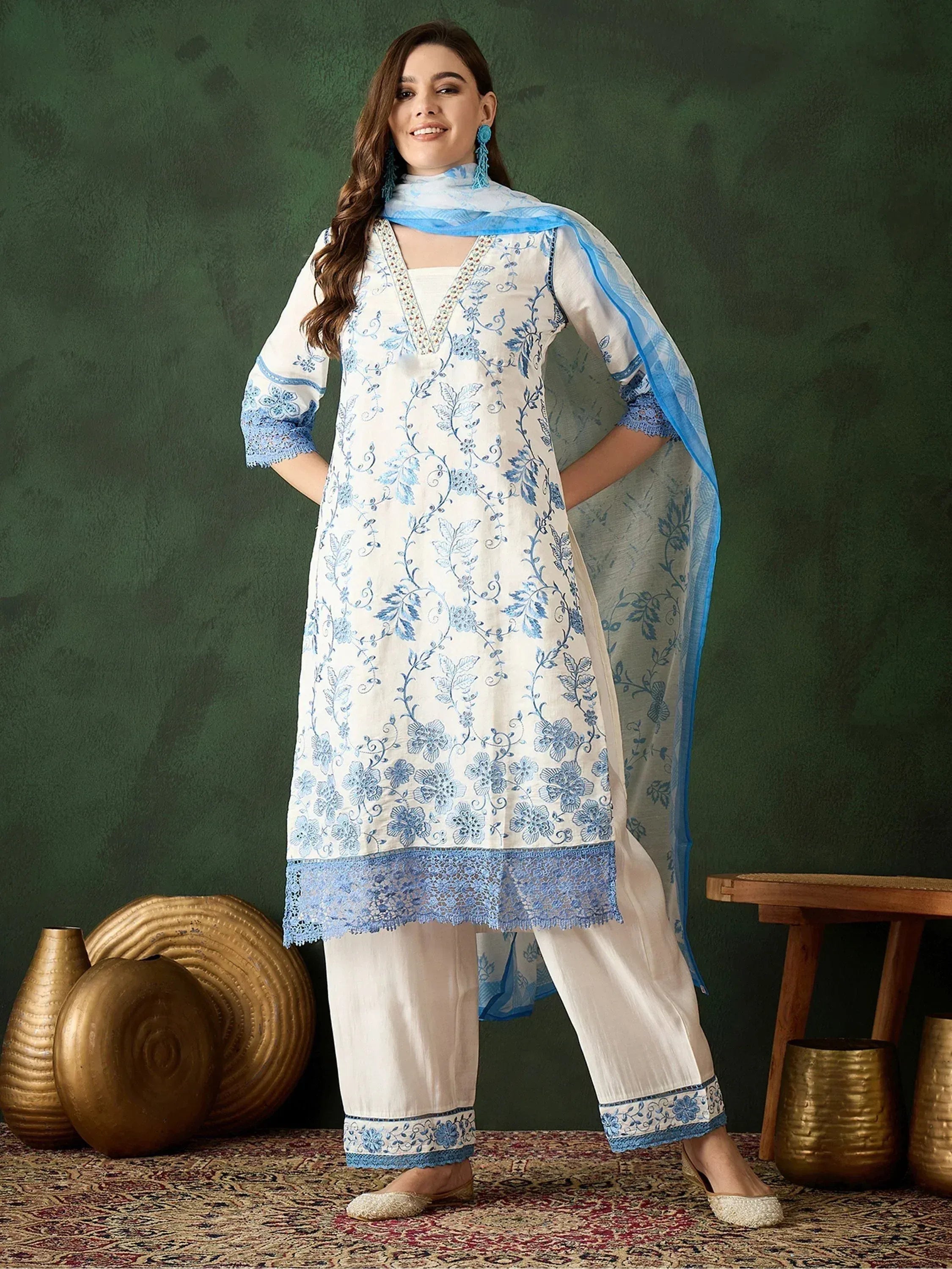 White and blue floral embroidered salwar kameez with lace detailing and matching dupatta