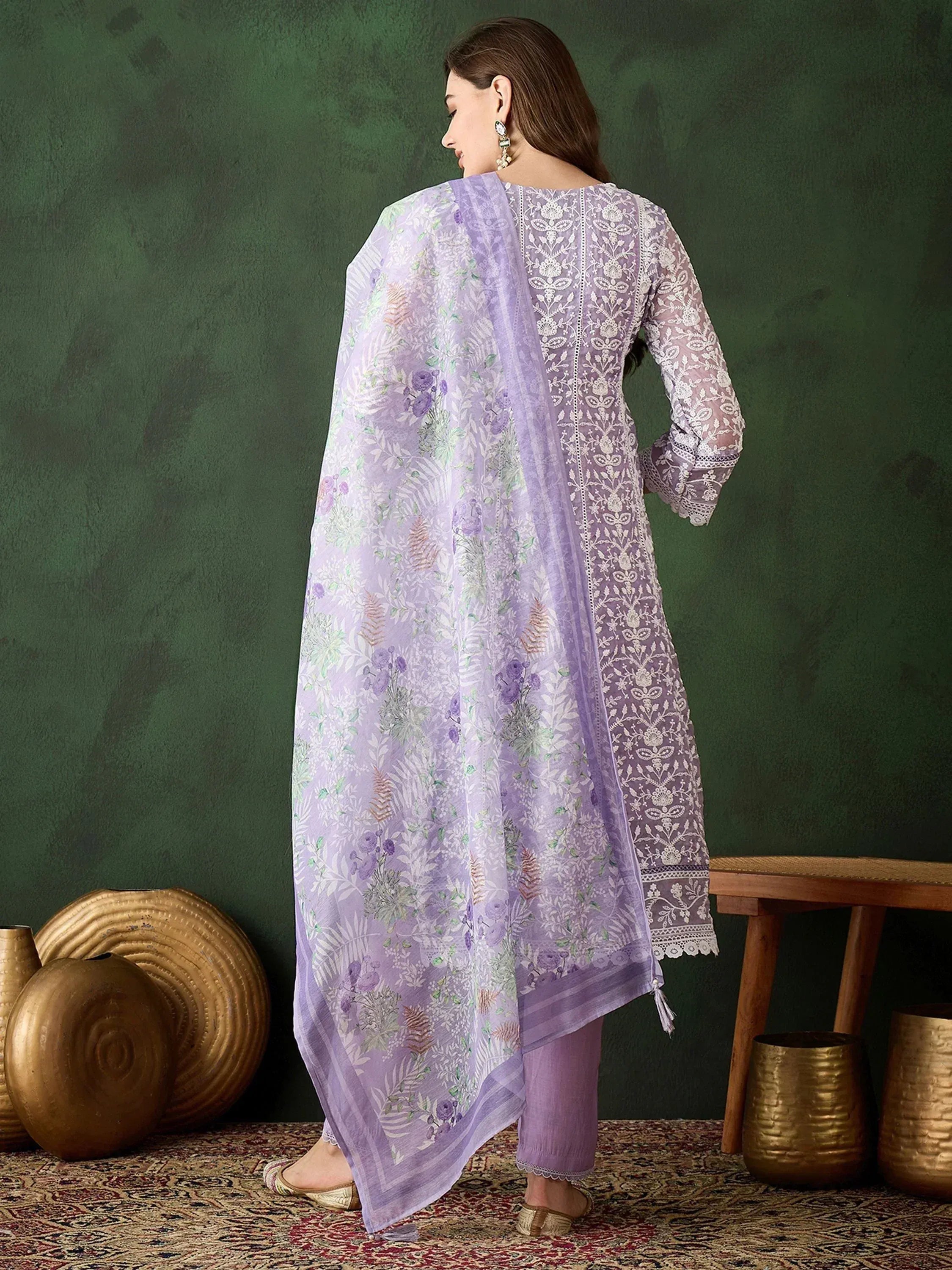 Lavender ethnic salwar kameez with floral dupatta, lace detailing, and matching pants for women