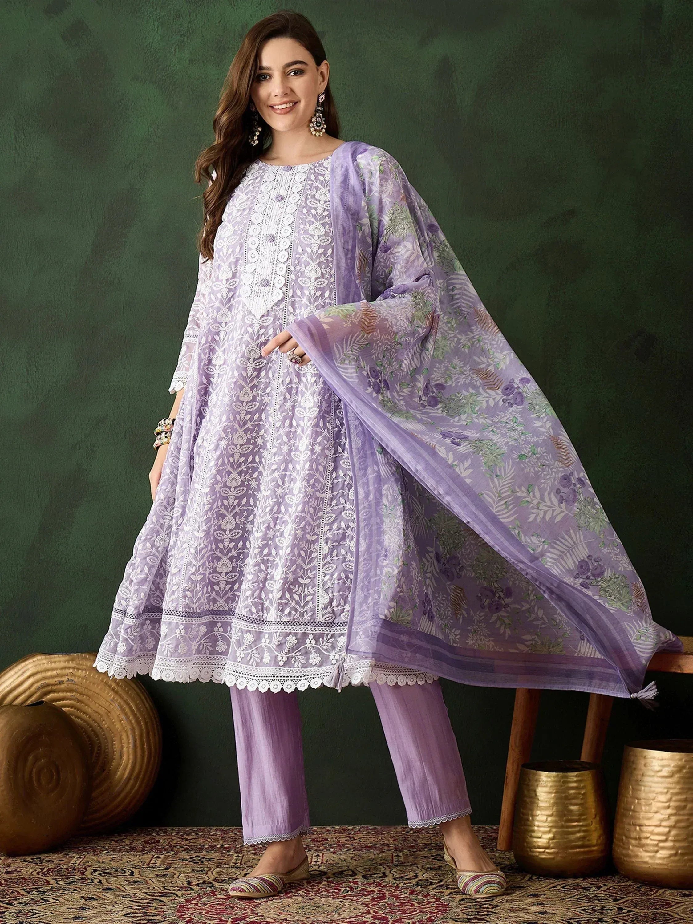 Lavender embroidered salwar kameez with floral dupatta, Indian ethnic wear for women