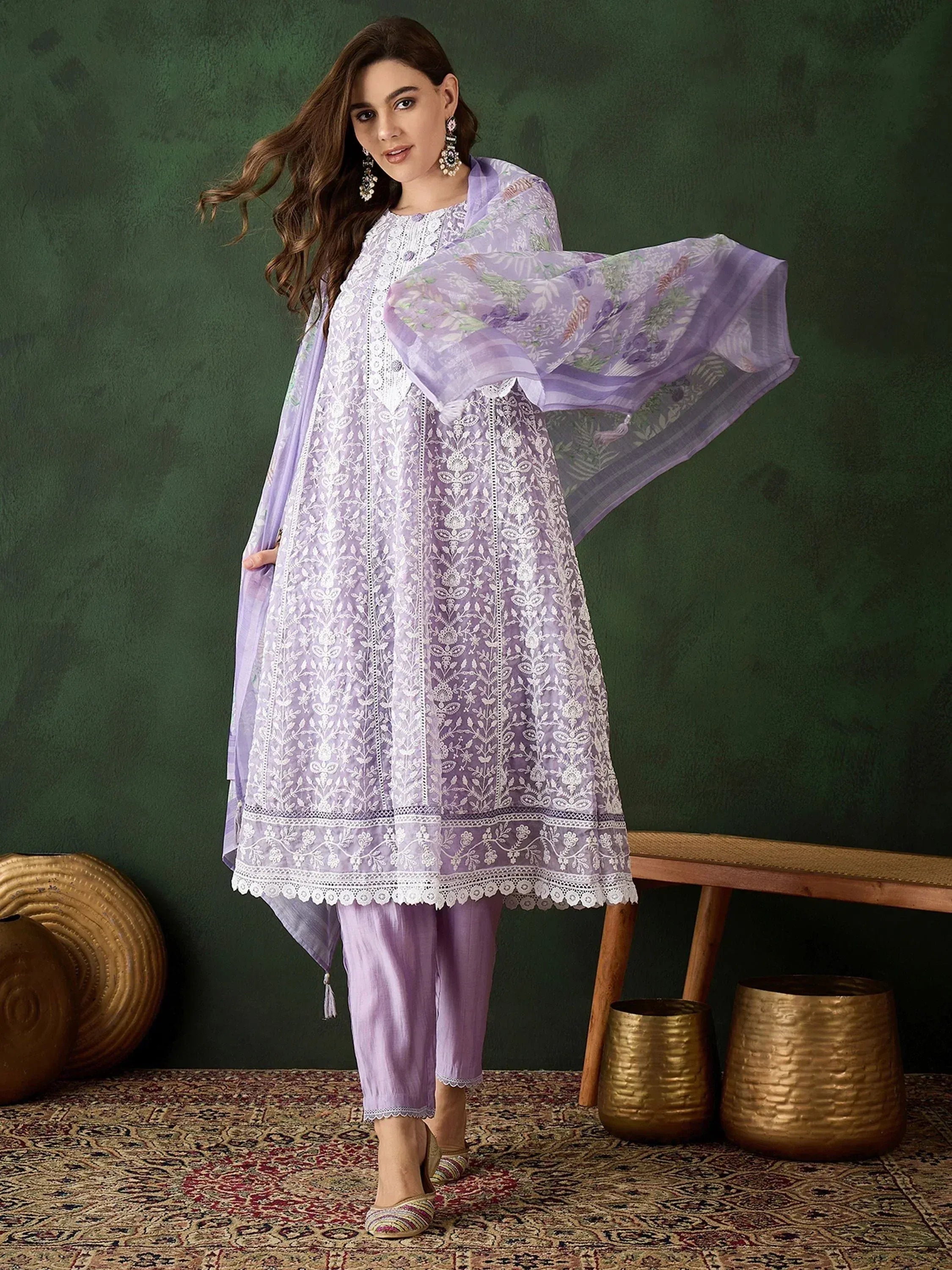 Lavender ethnic salwar kameez with white embroidery and floral dupatta, perfect for Indian occasions