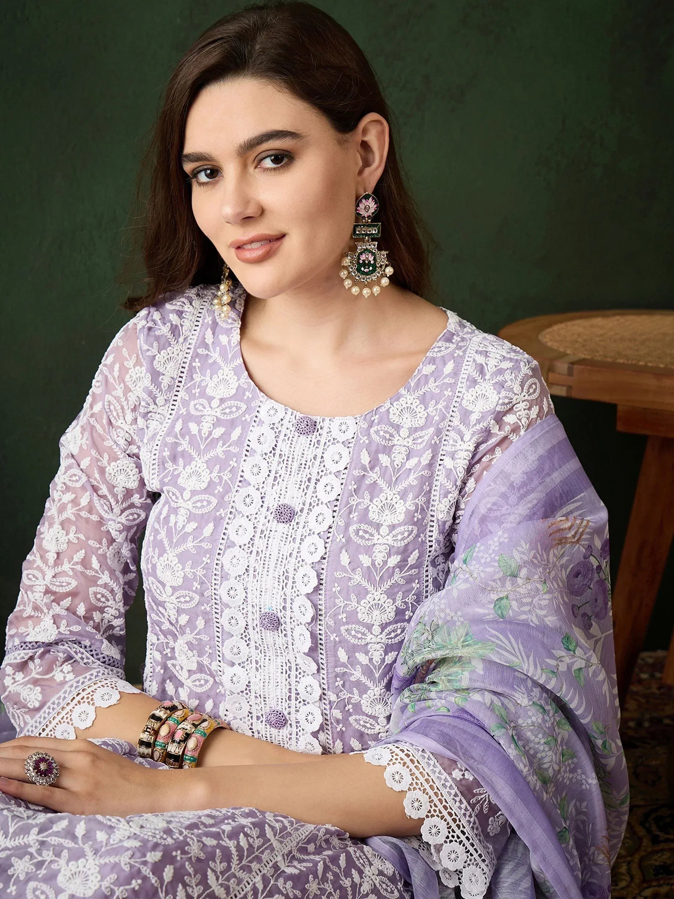 Lavender embroidered salwar kameez with floral dupatta, traditional Indian ethnic wear