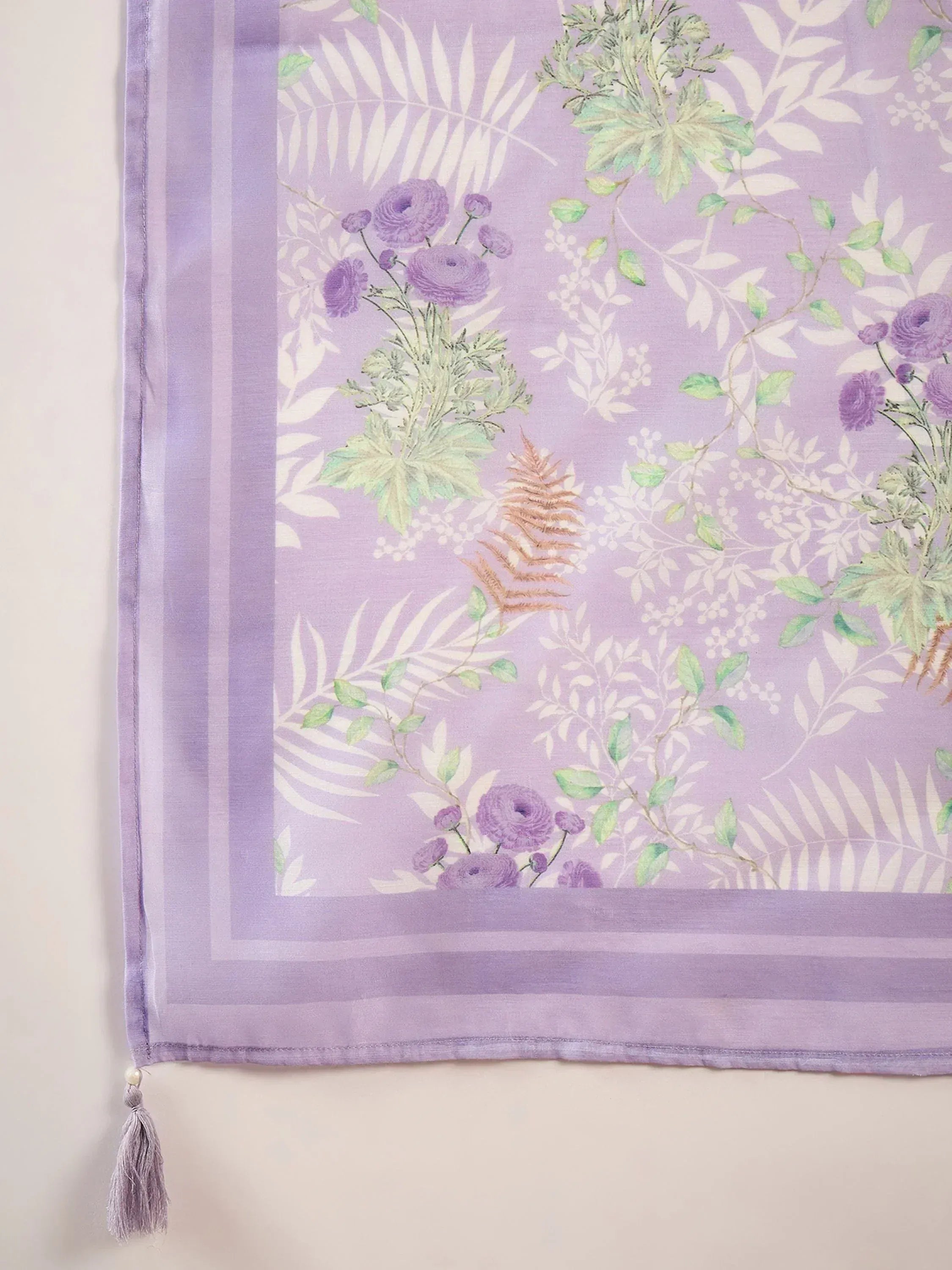 Lavender floral print scarf with tassels, perfect for ethnic wear styling