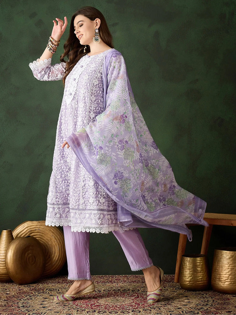Beautiful Lavender Color Embroidered Organza Festival Wear Pant Suit