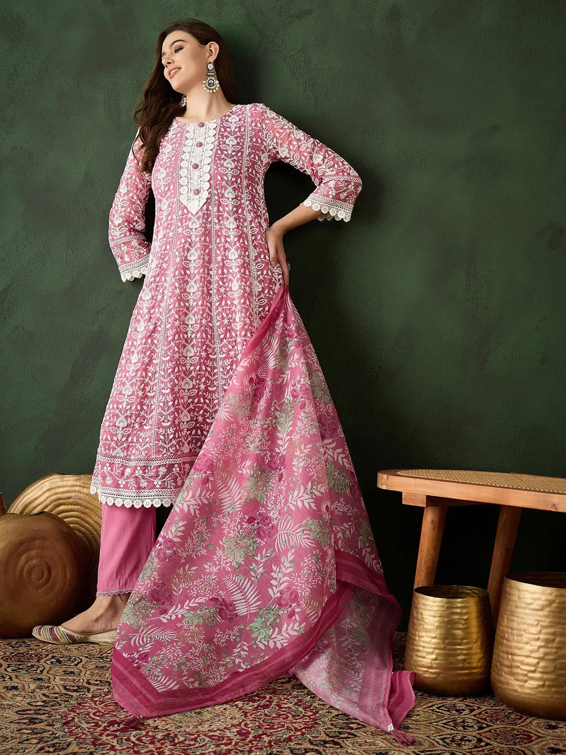 Pink embroidered salwar kameez with floral dupatta, ethnic Indian wear for women