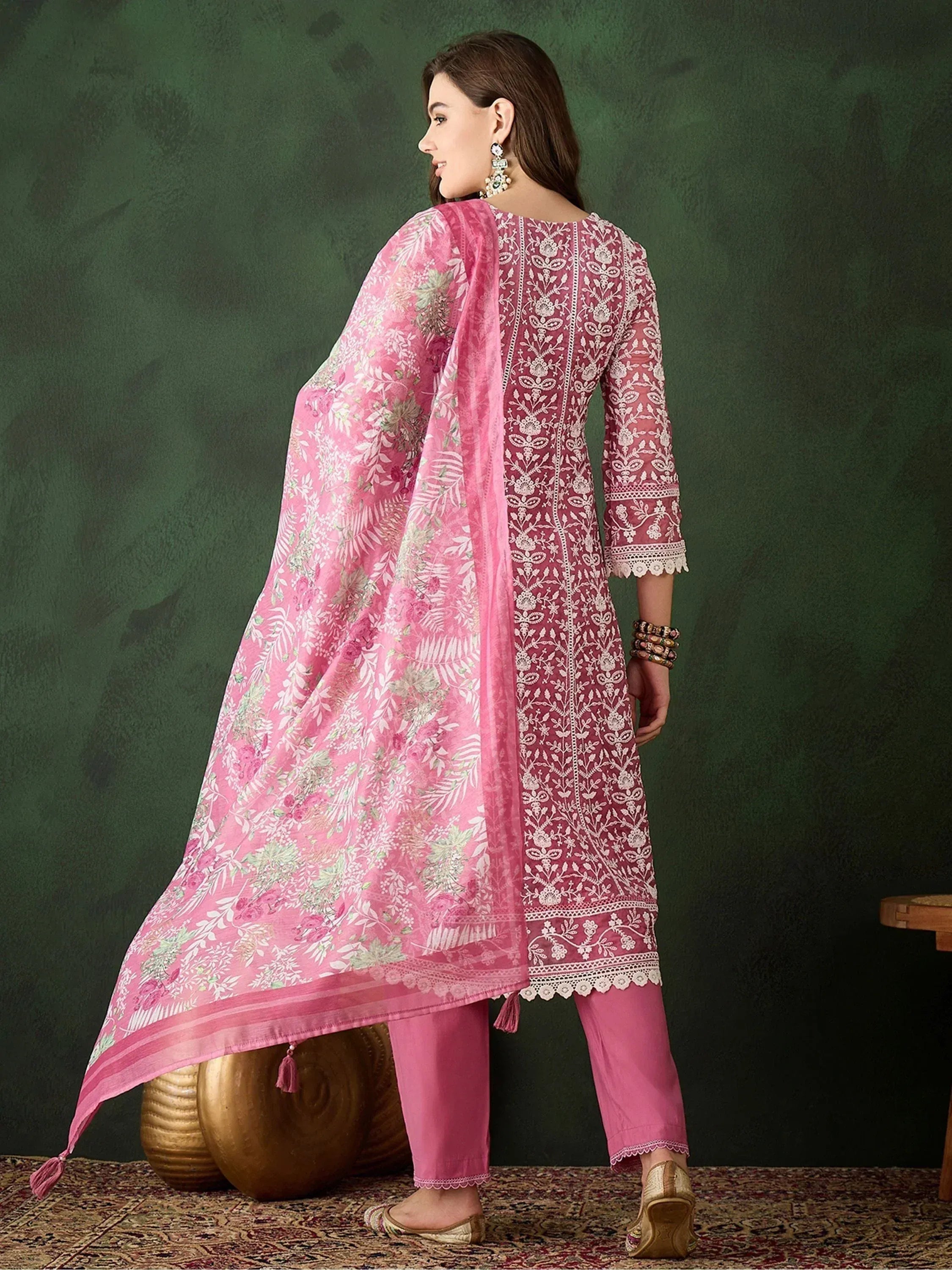 Pink embroidered salwar kameez with floral dupatta, ethnic Indian wear for women