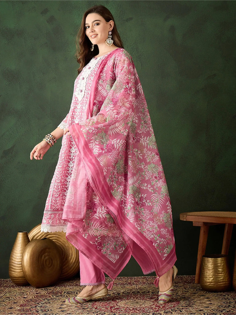 Attractive Pink Color Embroidered Organza Traditional Pant Suit