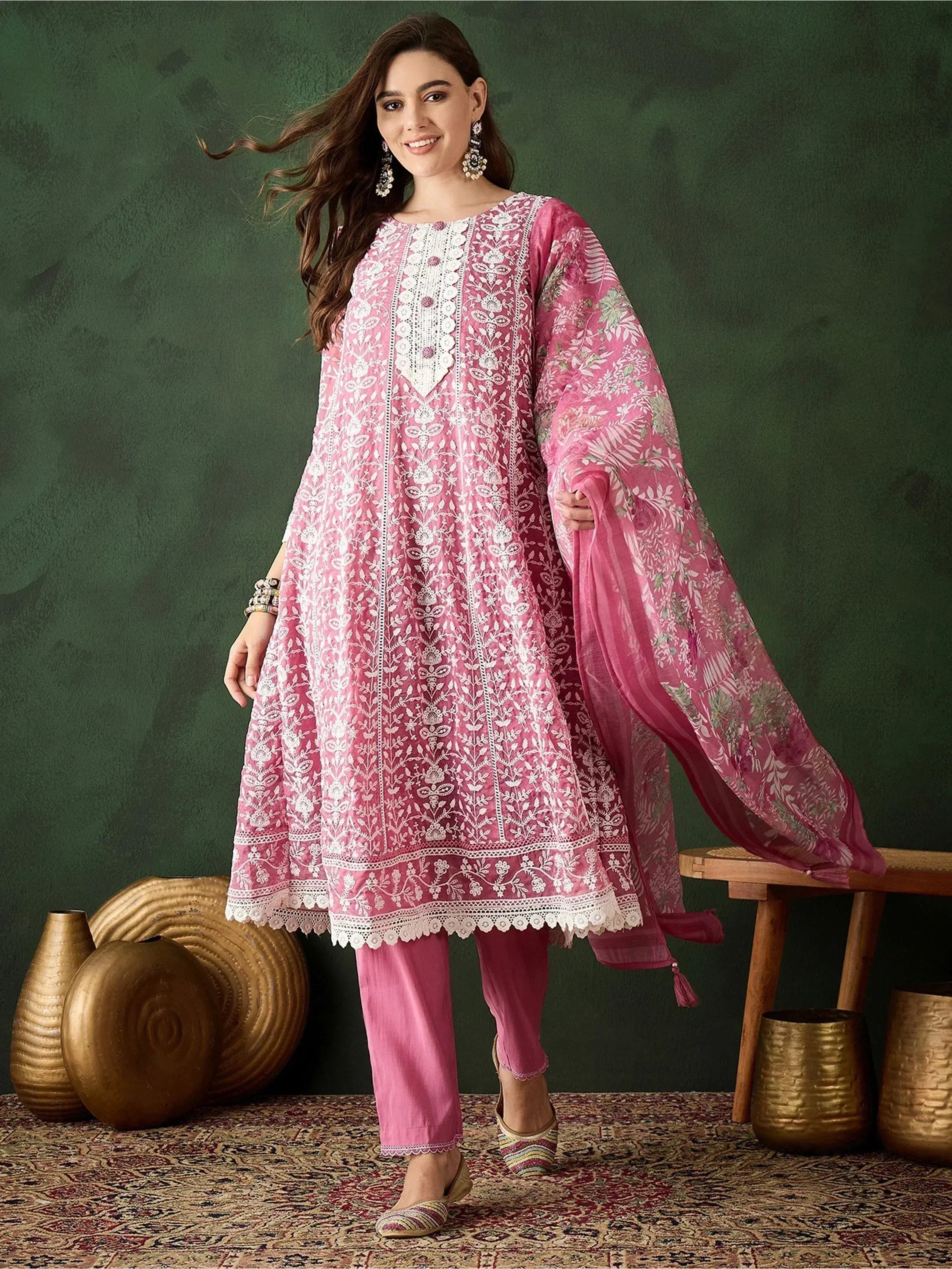 Pink embroidered salwar kameez with floral dupatta, ethnic wear for women