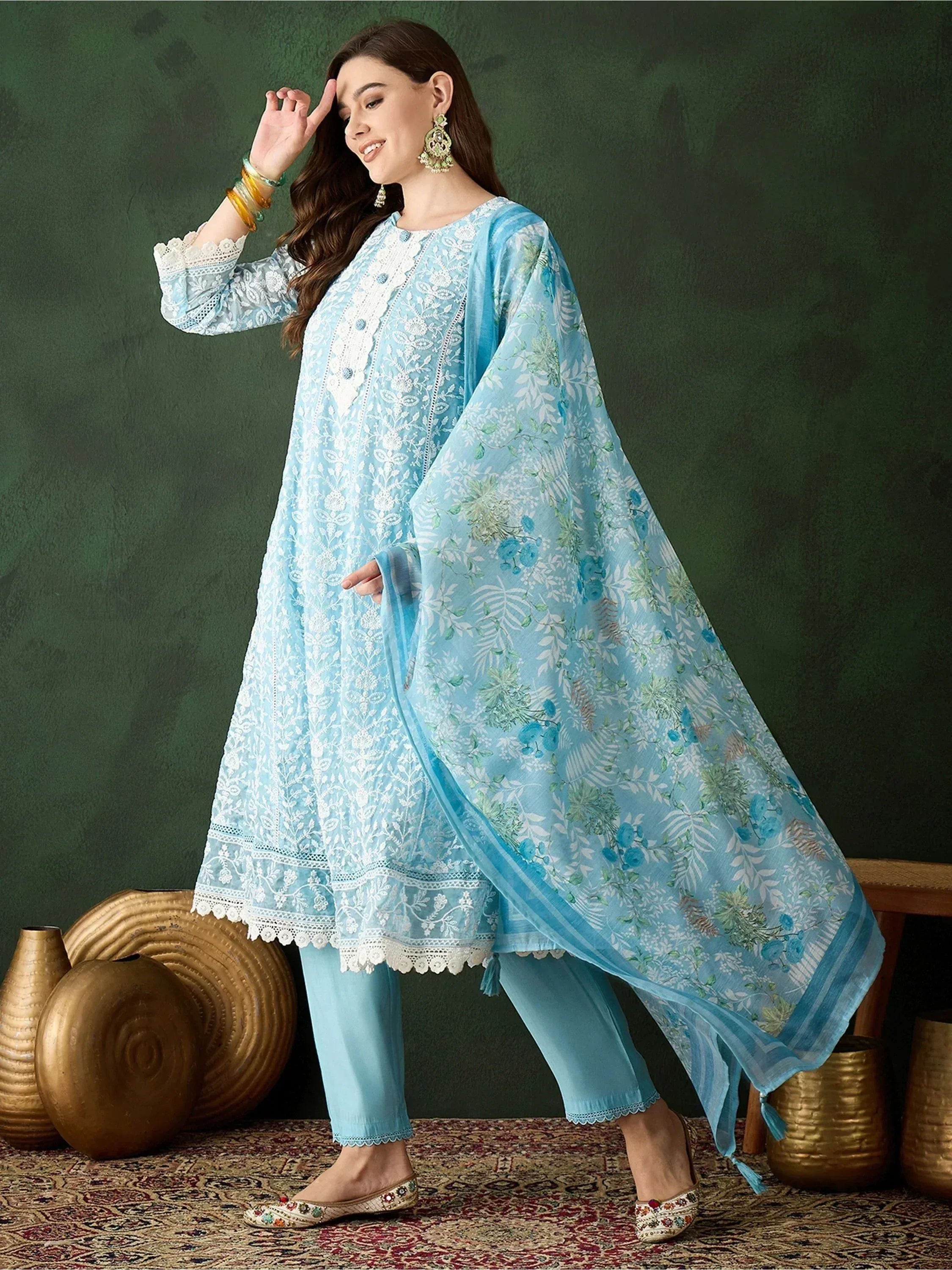 Light blue embroidered salwar kameez with floral dupatta, ethnic wear for women