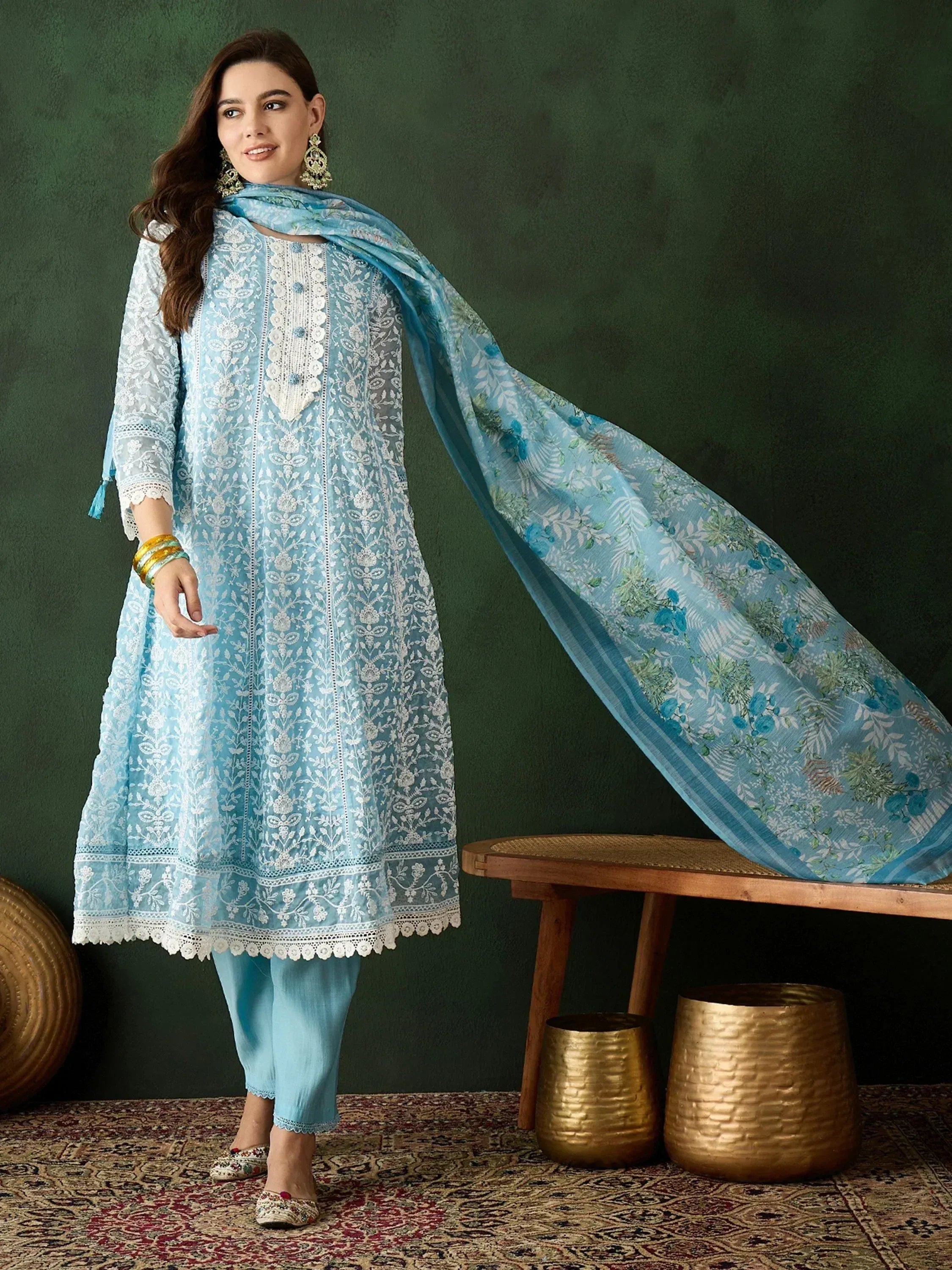 Light blue embroidered salwar kameez with floral dupatta, ethnic Indian wear for women