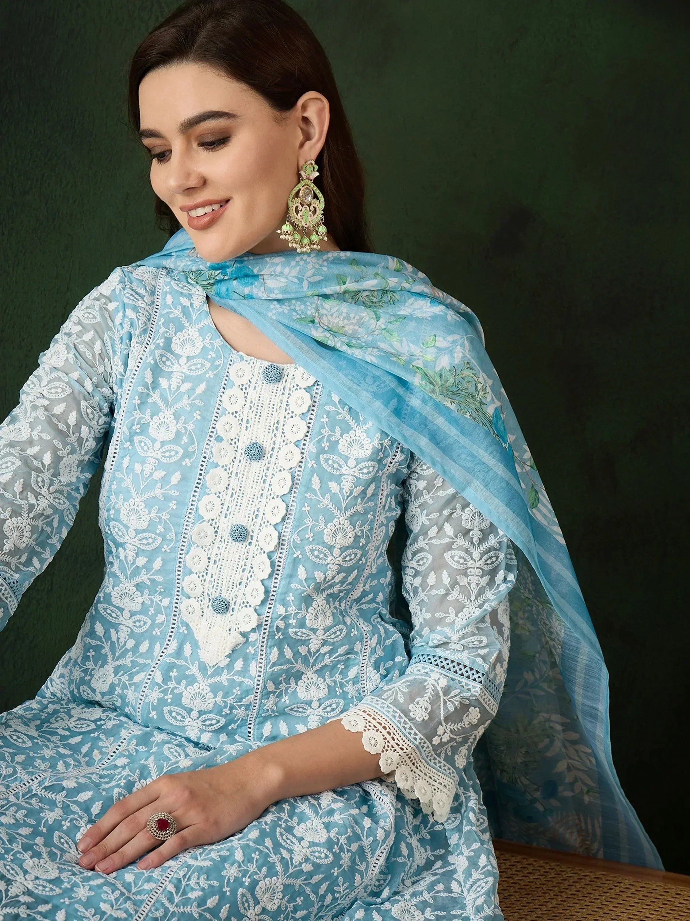 Light blue embroidered salwar kameez with floral dupatta, perfect for Indian ethnic wear occasions