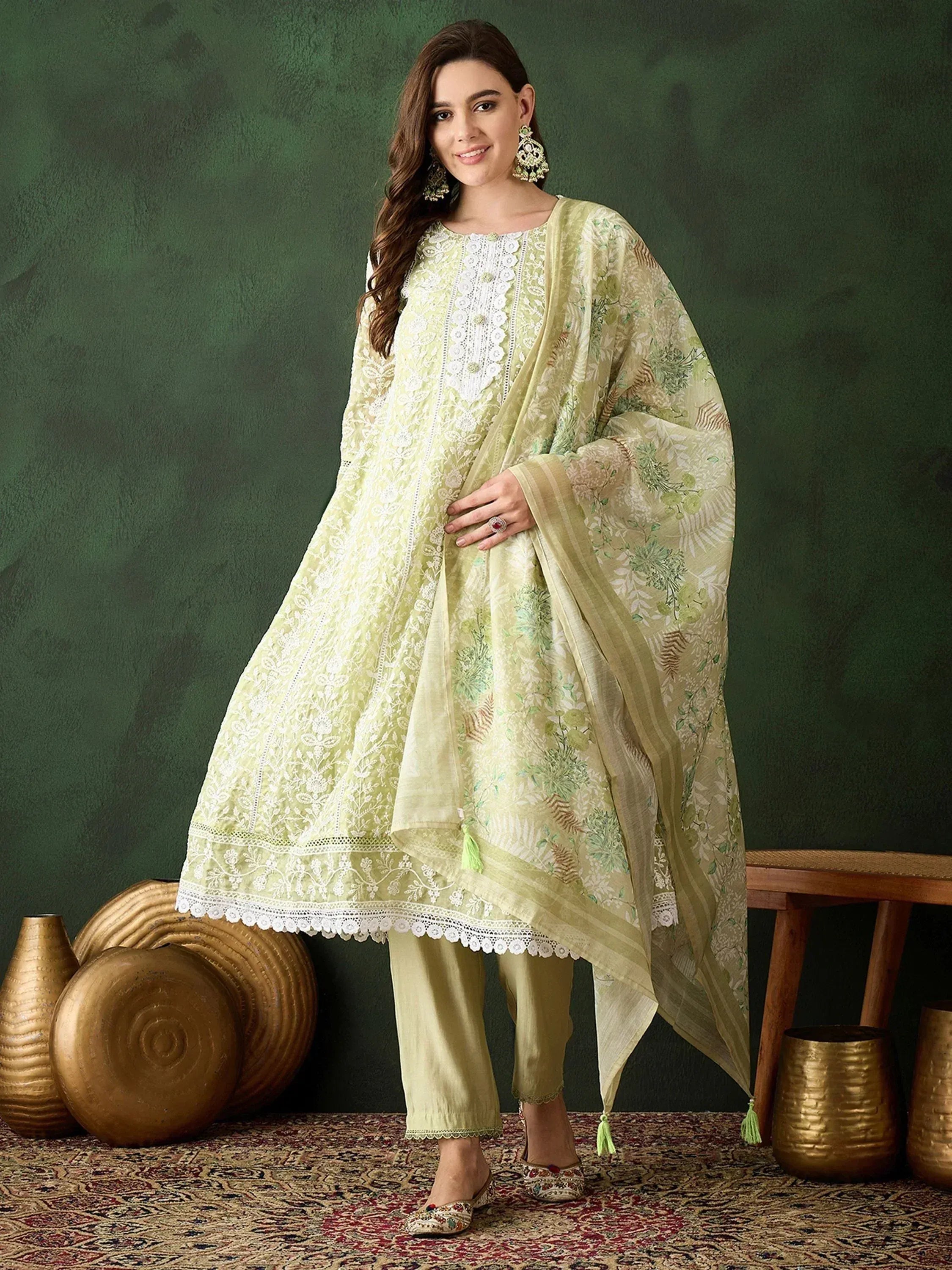 Elegant light green embroidered salwar kameez with floral dupatta for ethnic wear