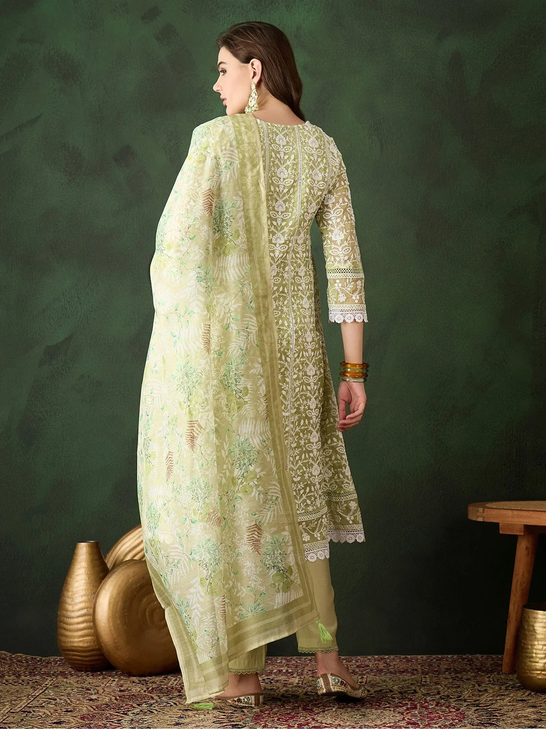 Light green embroidered salwar kameez with floral dupatta, ethnic Indian wear for women