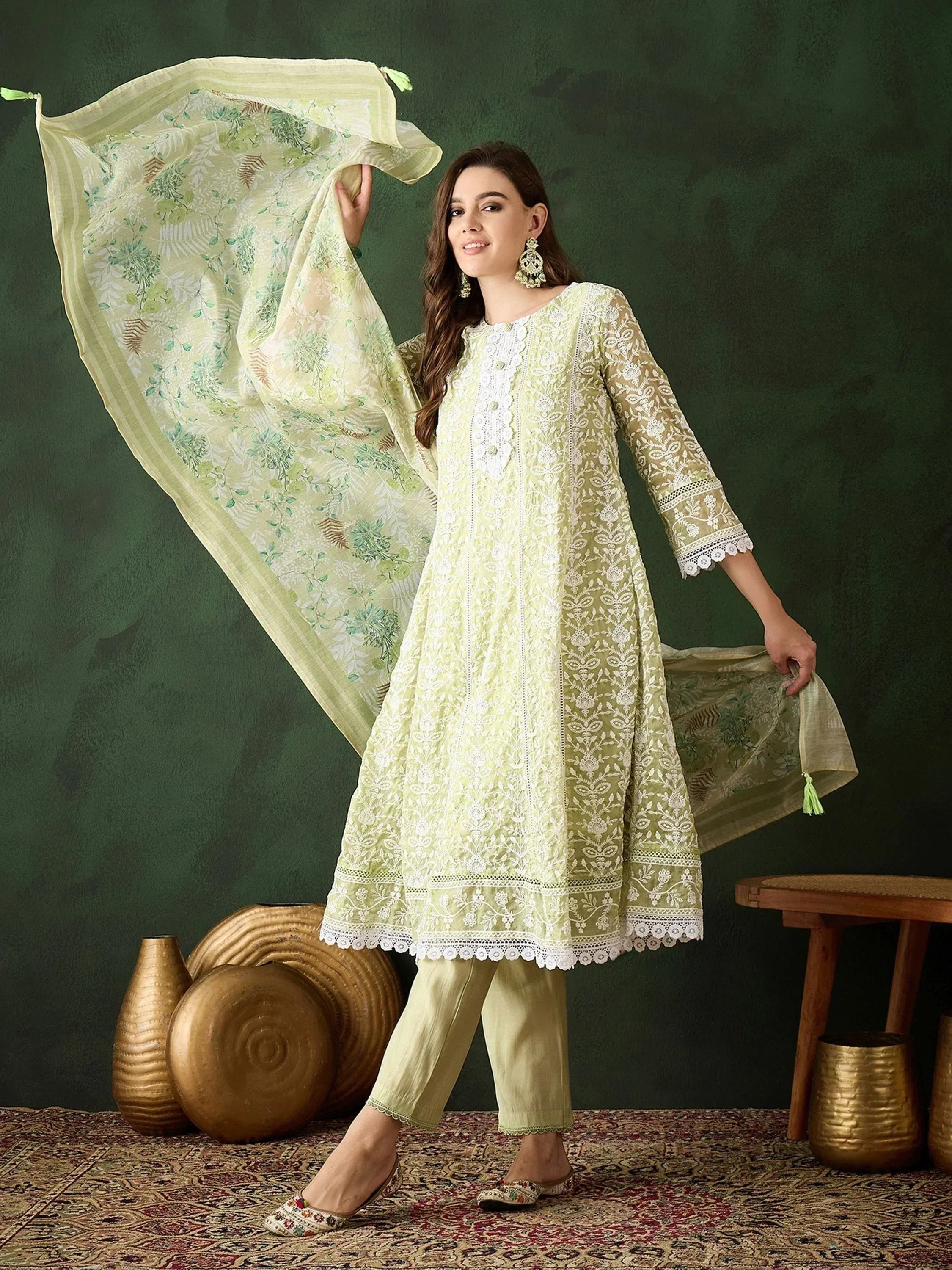Light green embroidered salwar kameez with floral dupatta, ethnic wear for women