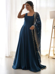 Stunning Blue Georgette Festival Wear Gown With Heavy Dupatta