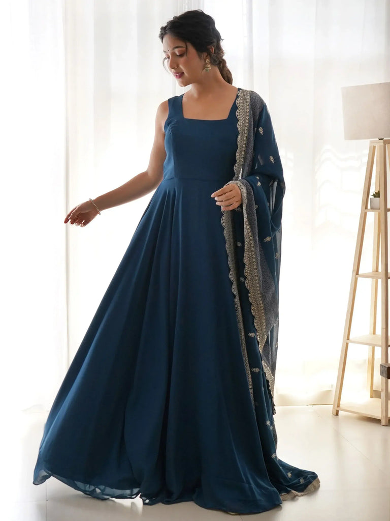 Stunning Blue Georgette Festival Wear Gown With Heavy Dupatta