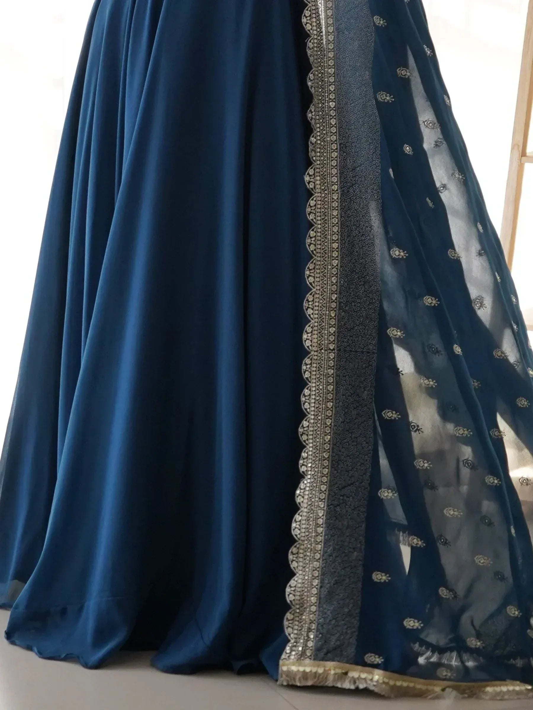 Navy blue designer lehenga with embroidered dupatta and scalloped border