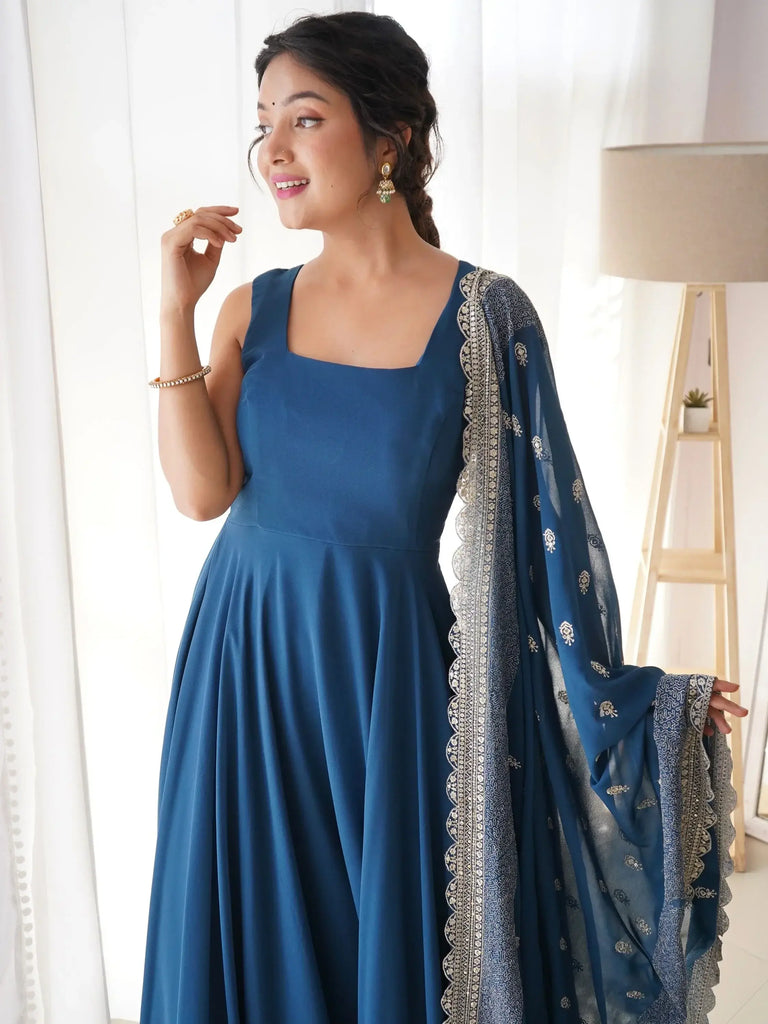 Stunning Blue Georgette Festival Wear Gown With Heavy Dupatta