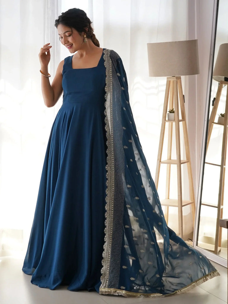 Stunning Blue Georgette Festival Wear Gown With Heavy Dupatta