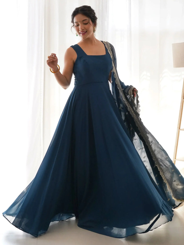 Stunning Blue Georgette Festival Wear Gown With Heavy Dupatta