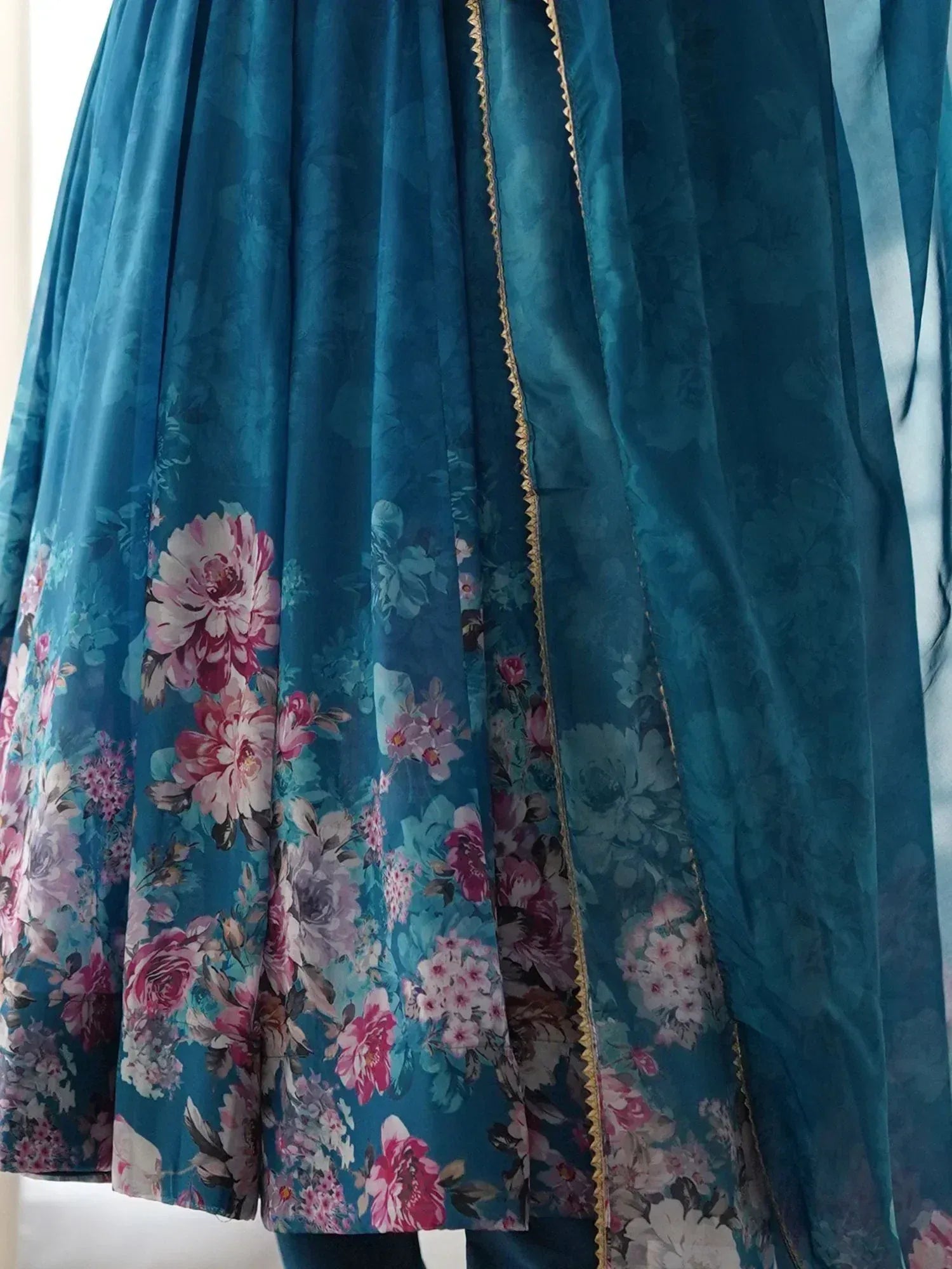 Teal floral lehenga skirt with gold trim, Indian ethnic wear
