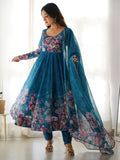 Bewitching Blue Floral Printed Organza Traditional Anarkali Suit Pant
