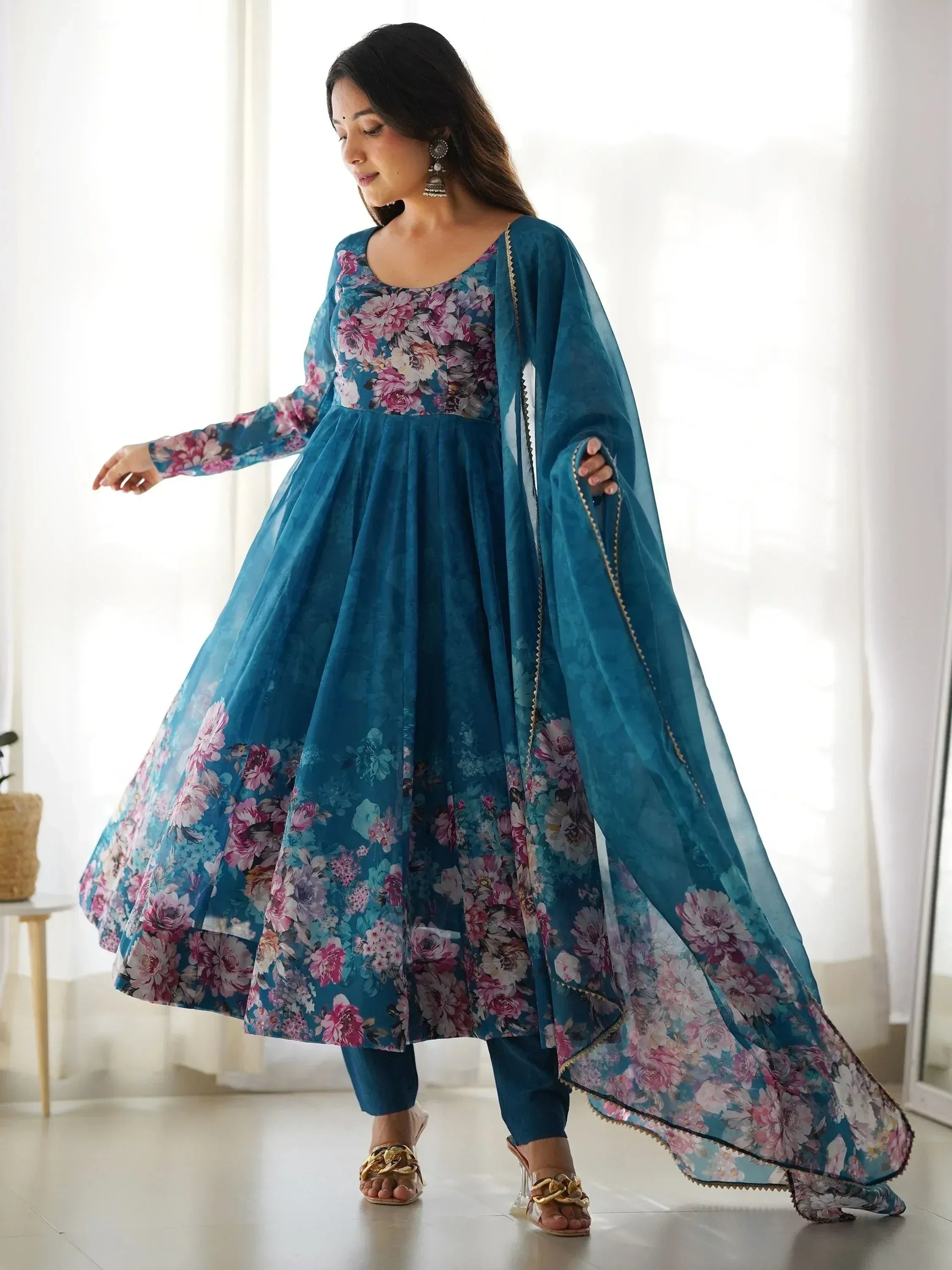Teal floral print Anarkali suit with matching dupatta, ethnic Indian wear for women