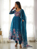 Bewitching Blue Floral Printed Organza Traditional Anarkali Suit Pant