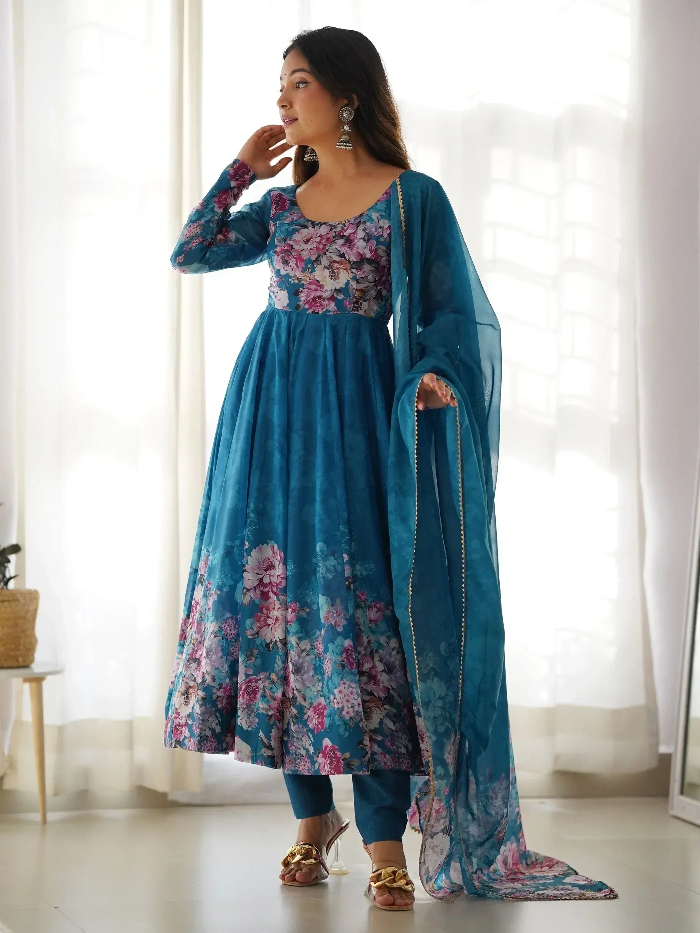 Teal floral print anarkali suit with matching dupatta, Indian ethnic wear for women