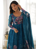 Bewitching Blue Floral Printed Organza Traditional Anarkali Suit Pant
