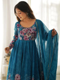 Bewitching Blue Floral Printed Organza Traditional Anarkali Suit Pant