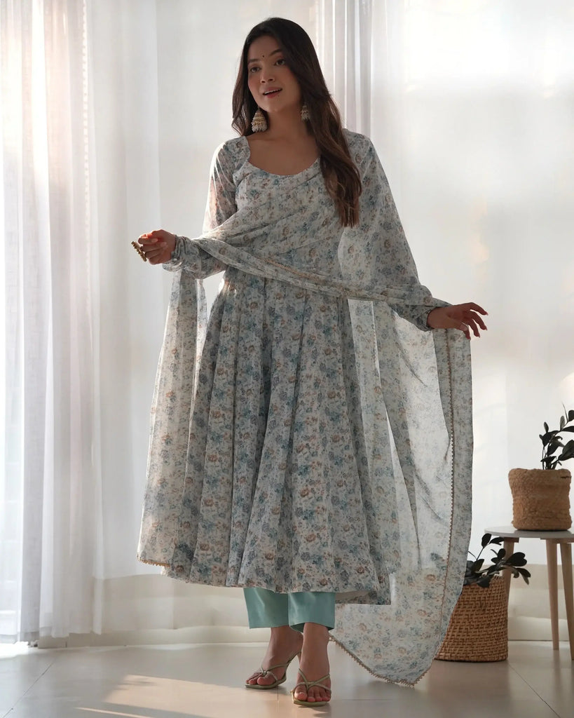 Charming Off-White Digital Printed Chiffon Event Wear Anarkali Suit