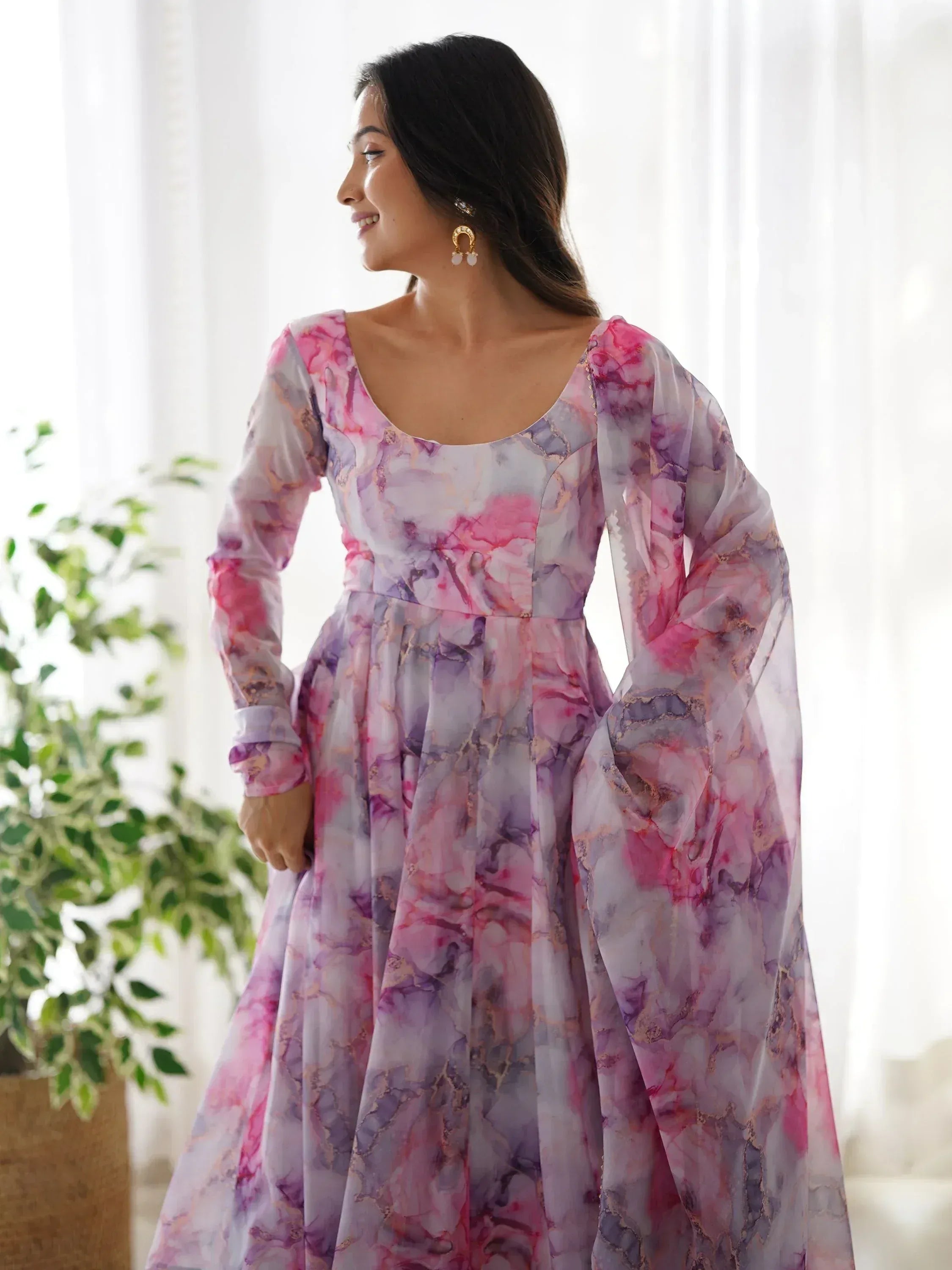 Pink and purple floral print ethnic gown with long sleeves, perfect for Indian occasions