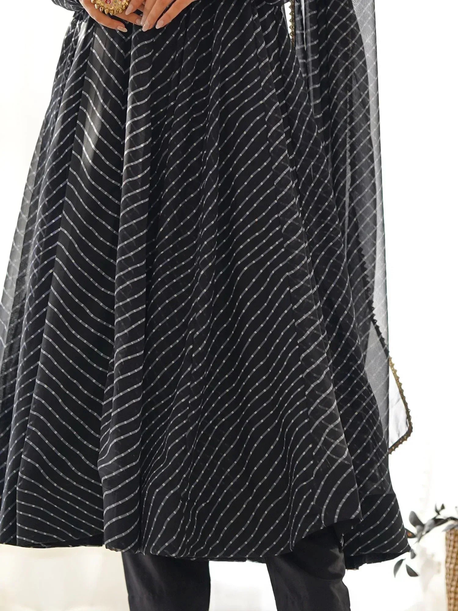 Black and white striped ethnic anarkali with sheer dupatta, perfect for Indian occasions
