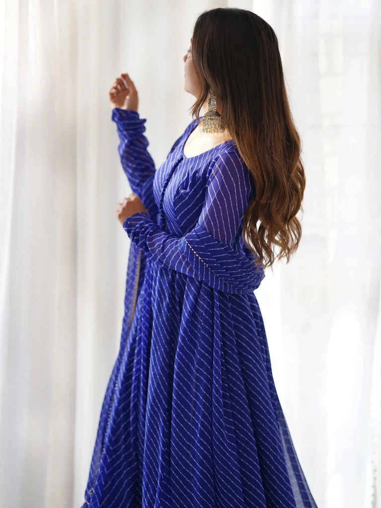 Beautiful Blue Laheriya Printed Georgette Traditional Anarkali Pant Suit