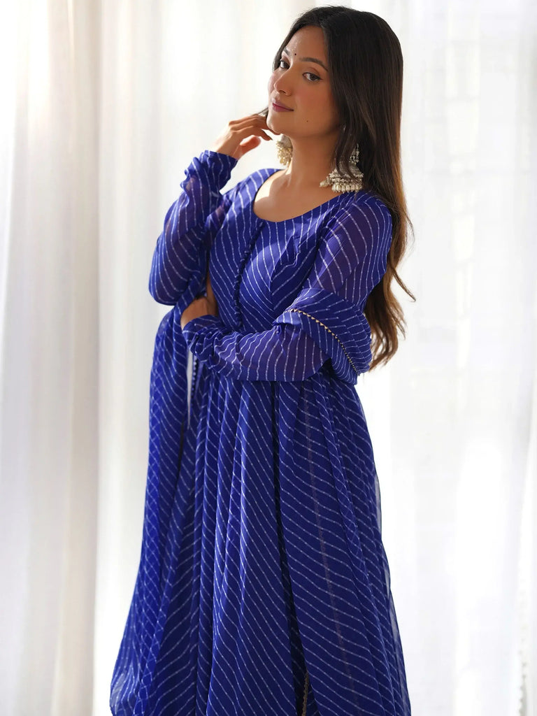 Beautiful Blue Laheriya Printed Georgette Traditional Anarkali Pant Suit