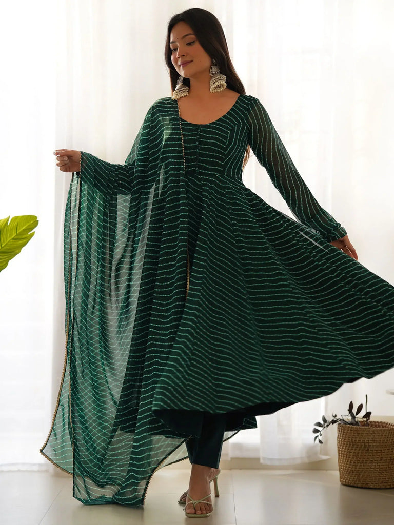 Captivating Green Laheriya Printed Georgette Anarkali Pant Suit