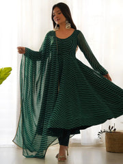 Captivating Green Laheriya Printed Georgette Anarkali Pant Suit