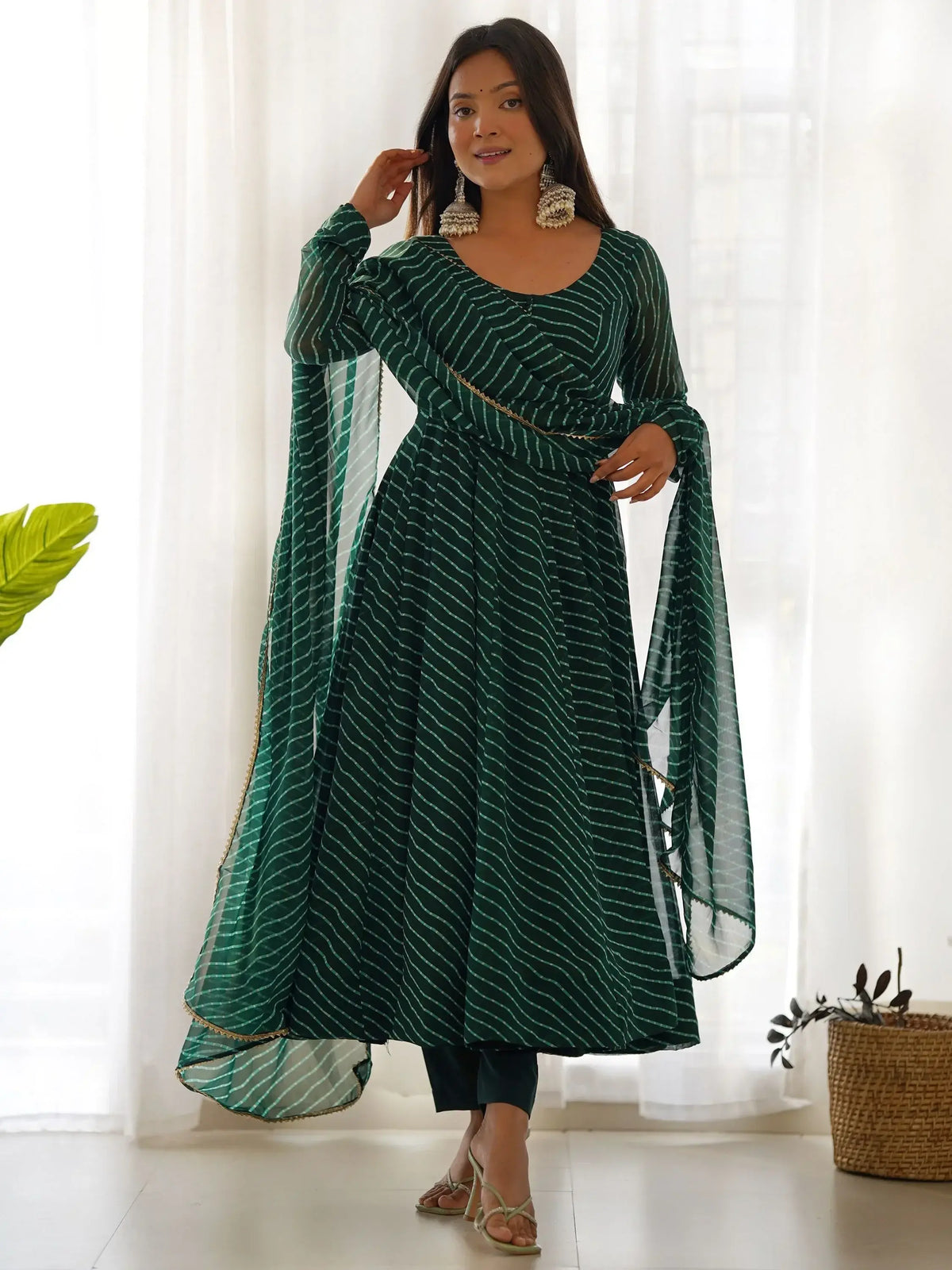 Captivating Green Laheriya Printed Georgette Anarkali Pant Suit