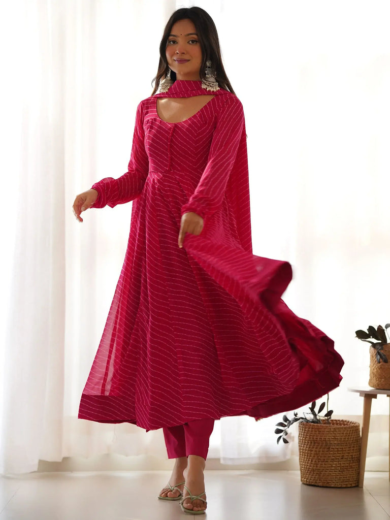 Stunning Pink Laheriya Printed Georgette Anarkali Pant Suit With Dupatta