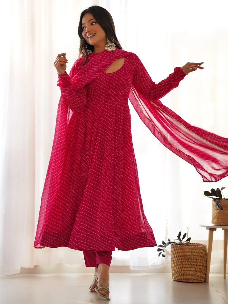 Stunning Pink Laheriya Printed Georgette Anarkali Pant Suit With Dupatta