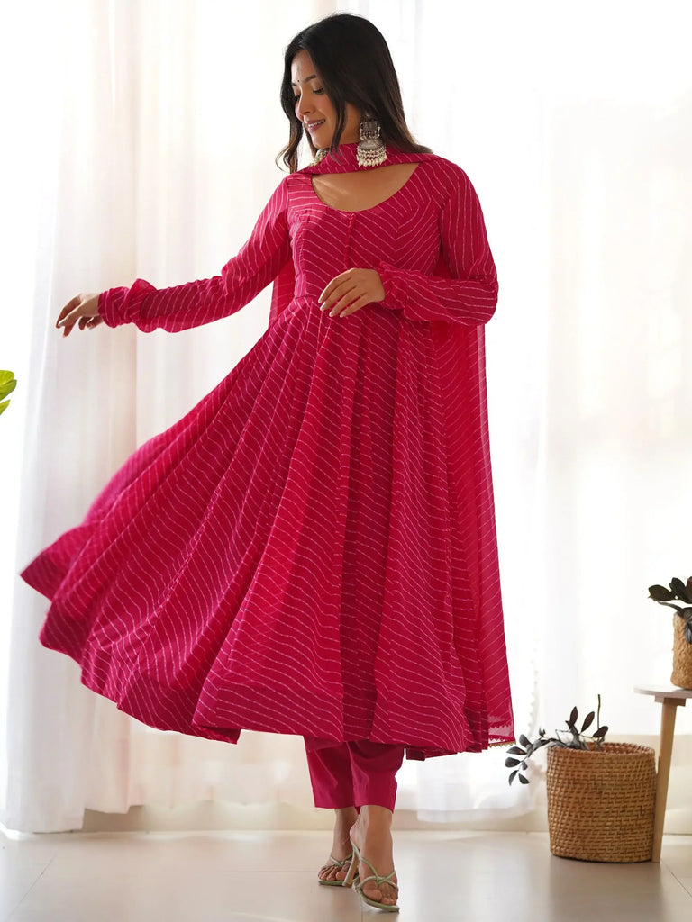 Stunning Pink Laheriya Printed Georgette Anarkali Pant Suit With Dupatta