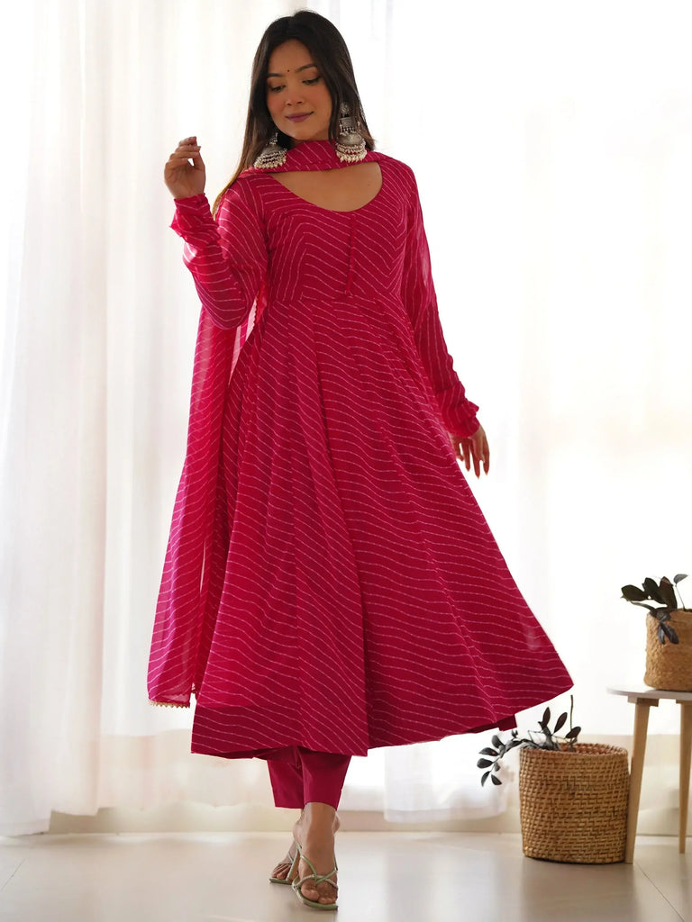 Stunning Pink Laheriya Printed Georgette Anarkali Pant Suit With Dupatta