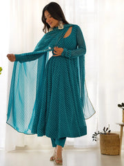 Enchanting Teal Blue Laheriya Printed Georgette Anarkali Pant Suit